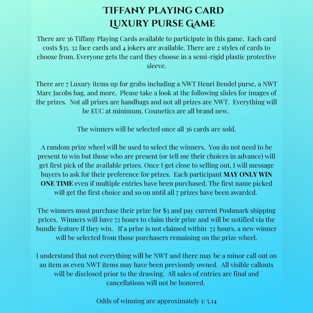 12 Spots left UPDATE ! SEE BELOW Tiffany Luxury Prize Game $35 per entry 7 prize - Picture 2 of 14